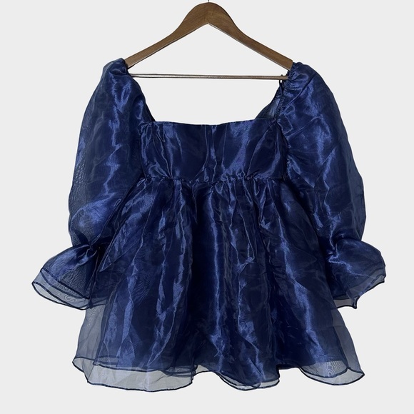 Windsor Navy Organza Puff Sleeve Babydoll Mini Dress XS Fairy Coquette Milkmaid - Picture 2 of 11